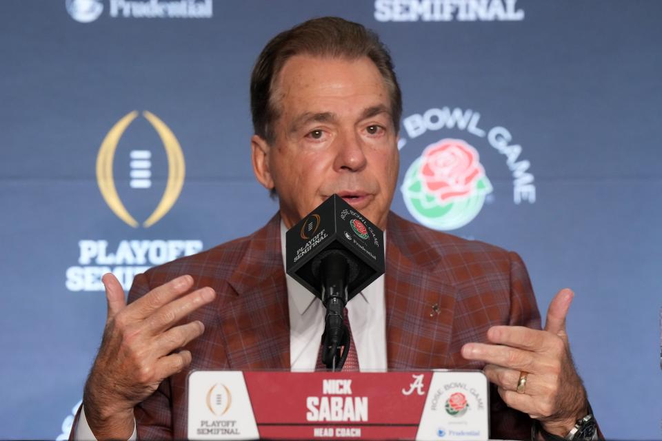 Nick Saban speaks at the Rose Bowl coaches press conference on Dec. 31, 2023.