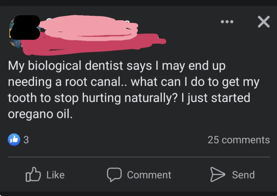 A social media post asks for natural remedies to avoid a root canal. The user mentions trying oregano oil for tooth pain. The post has 1 like and 25 comments
