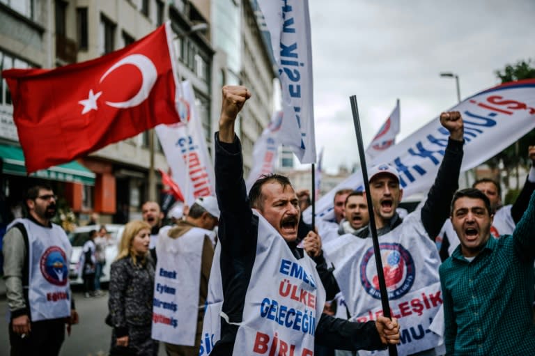 Demonstrators at a May Day rally in Sisli, a district of Istanbul, on the annual May Day holiday, as Turkey depolyed thousands of security and braced for trouble