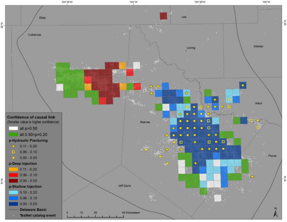 The graphic indicates how strongly seismicity is linked with hydraulic fracturing, shallow wastewater injection, and deep wastewater injection in different regions. The lower the p-value the higher the association confidence. (Caroline Breton/ Grigoratos et al. / The University of Texas at Austin.)