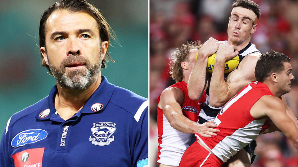 Geelong coach Chris Scott felt Jeremy Cameron should have been paid a mark in the forward pocket during the final minute of the Cats' two-point loss to Sydney. Pictures: Getty Images