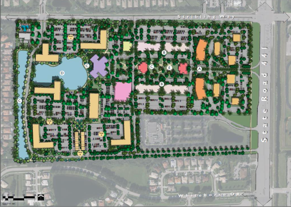 W & W VIII LLC, a Wellington-based builder, submitted updated plans to develop K-Park that include a central green lawn flanked by shops, restaurants and apartments. It also includes a grocery store, a hotel and community areas.