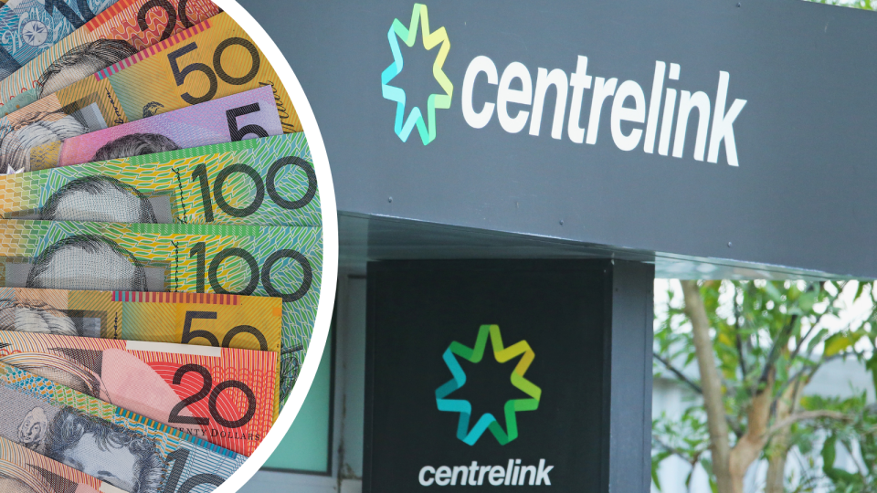 Australian currency and the Centrelink logo on the exterior of a building.