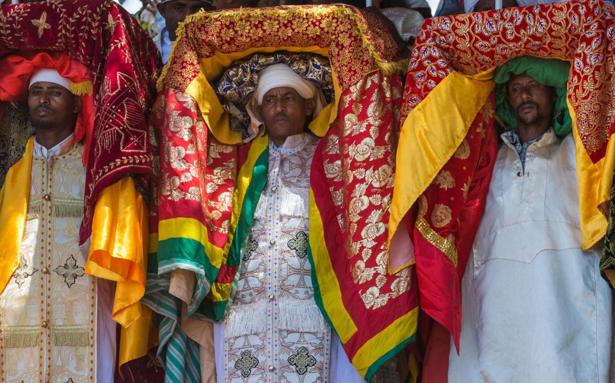 Priests carry Tabots during a Timkat Epiphany Festival, Lalibela, Ethiopia - ERIC LAFFORGUE / Alamy Stock Photo 