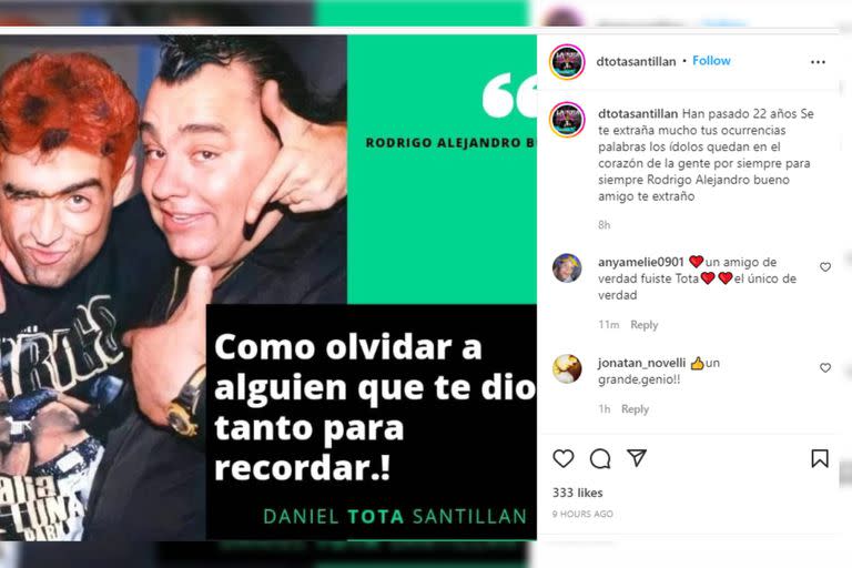 La dedicatoria de La Tota para su amigo, a 22 años de su fallecimiento (Foto Instagram @dtotasantillan)