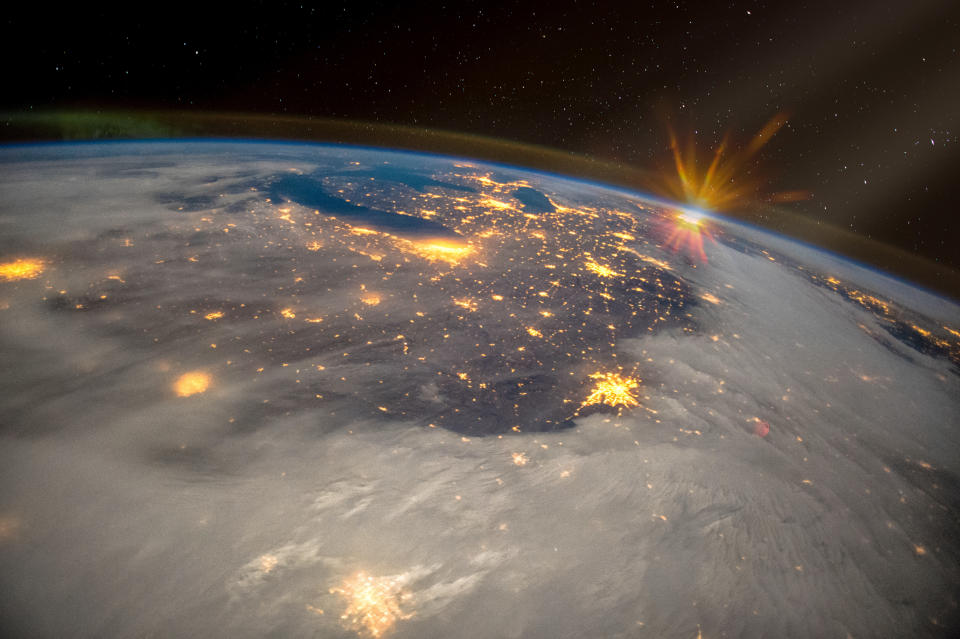 Great Lakes of North America at night, satellite view, The elements of this image furnished by NASA.