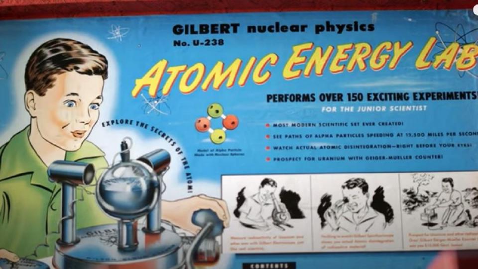 The front box cover to the Atomic Energy Lab Kit for kids from 1950. Today dubbed the world's most dangerous toy.