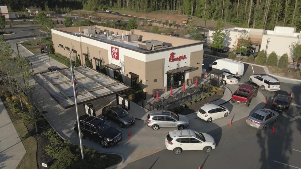 Both of the new Chick-fil-A restaurants under construction in Houston County will have a double-lane drive-thru like the one pictured in this screen shot taken from promotional B-roll video provided courtesy of Chick-fil-A. Both sites are also large enough to pull traffic off the main street.