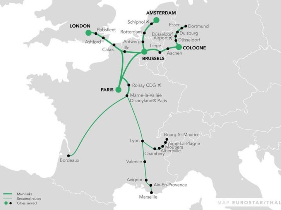 The combined Eurostar and Thalys route map as of 2022.