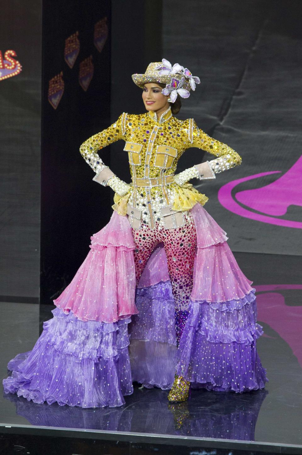 Gabriela Isler, Miss Venezuela 2013, models in the national costume contest for Miss Universe 2013 at Vegas Mall in Moscow