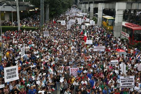 Thousands of protesters belonging to the Iglesia ni Cristo (Church of Christ) group march along EDSA highway in Mandaluyong, Metro Manila August 30, 2015. REUTERS/Erik De Castro