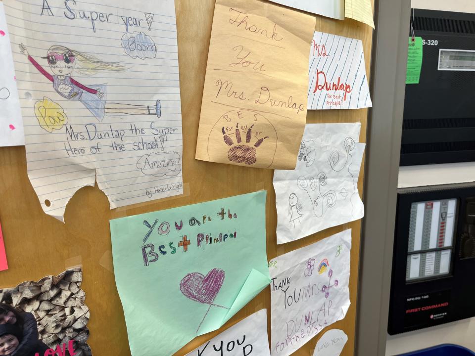 Retiring Bearden Elementary principal Susan Dunlap’s door is decorated on May 9, 2023, with appreciative notes from students.