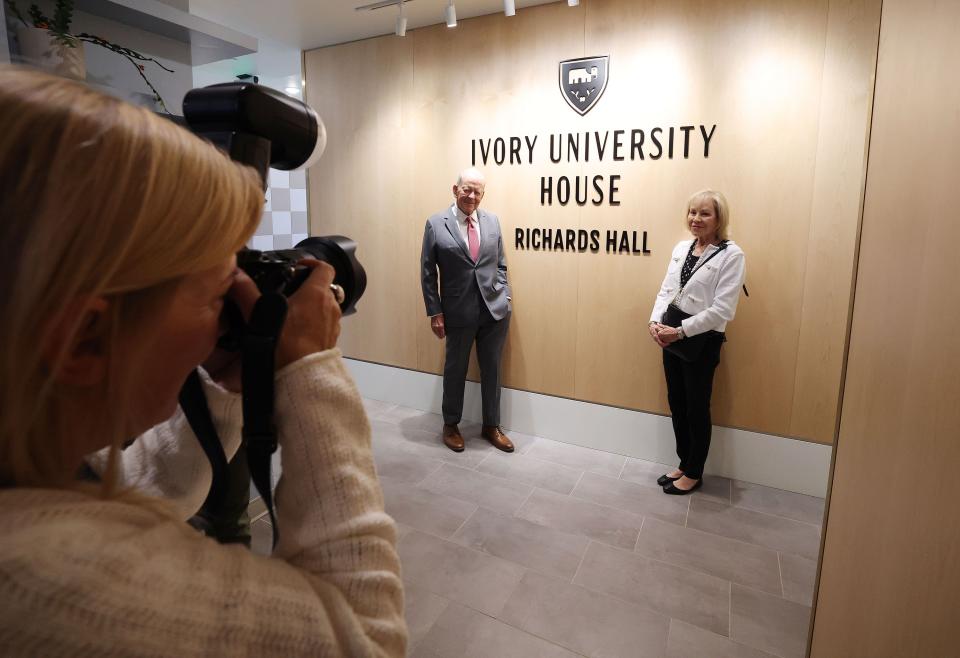 Roger and Sara Boyer have a photo taken as the University of Utah, Ivory Family and The Church of Jesus Christ of Latter-day Saints celebrate the completion of the first of four student housing buildings at Ivory University House in Salt Lake City on Wednesday, Oct. 18, 2023. | Jeffrey D. Allred, Deseret News