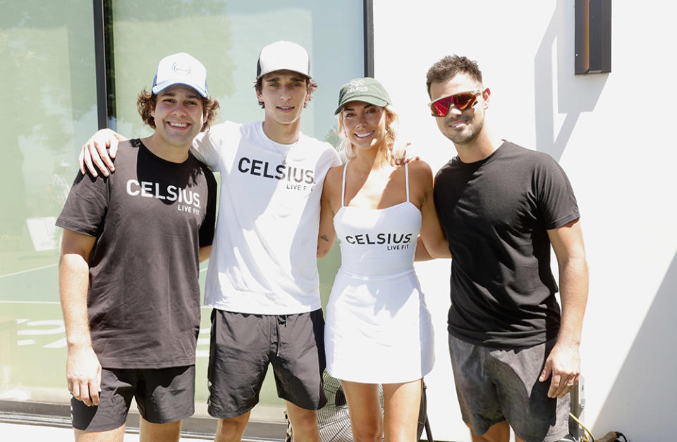 (L-R) David Dobrik, Josh Richards, Brianna LaPaglia and Taylor Lautner attend the CELSIUS pickleball tournament at David Dobrik’s home on August 25, 2023 in Sherman Oaks, California.