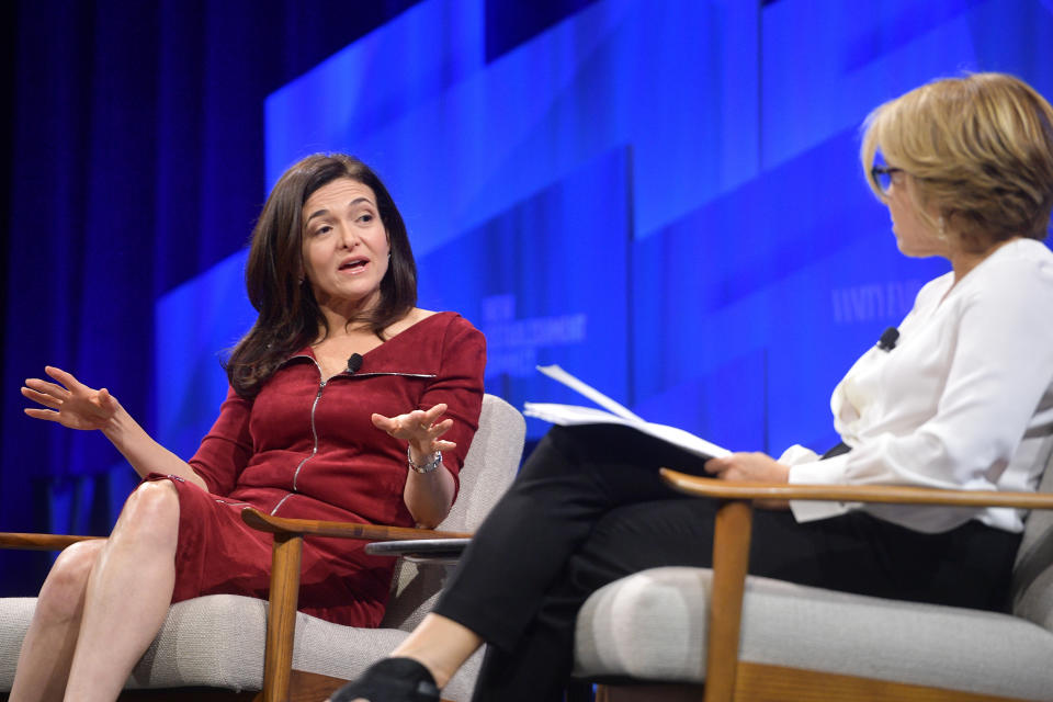 BEVERLY HILLS, CALIFORNIA - OCTOBER 22: (L-R) Sheryl Sandberg, COO of Facebook and Katie Couric speak onstage during 'Putting a Best Facebook Forward' at Vanity Fair's 6th Annual New Establishment Summit at Wallis Annenberg Center for the Performing Arts on October 22, 2019 in Beverly Hills, California. (Photo by Matt Winkelmeyer/Getty Images for Vanity Fair)