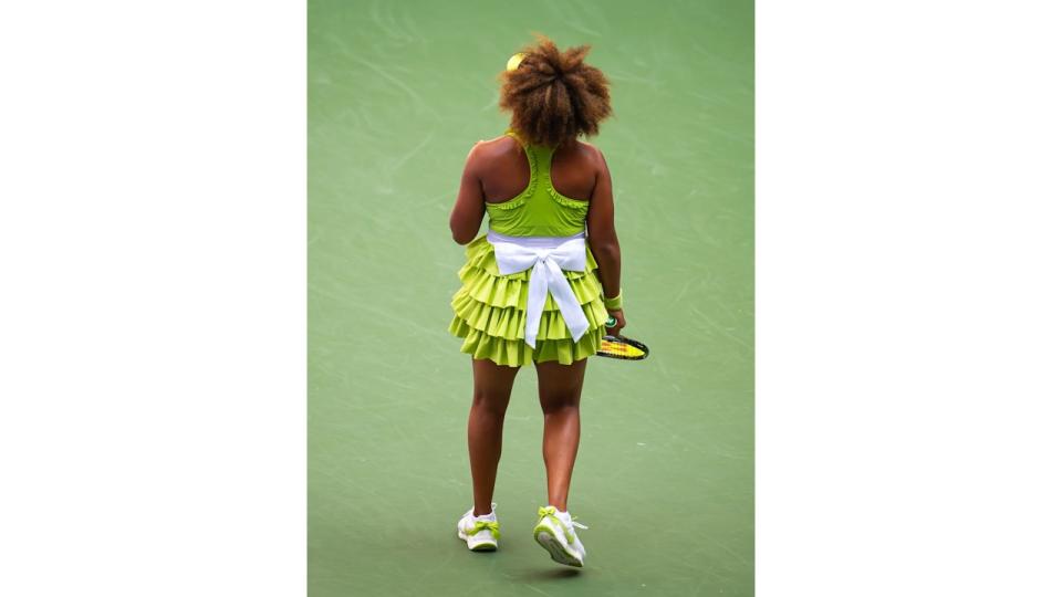 Naomi Osaka of Japan in action against Jelena Ostapenko of Latvia in the first round on Day 2 of the US Open at USTA Billie Jean King National Tennis Center on August 27