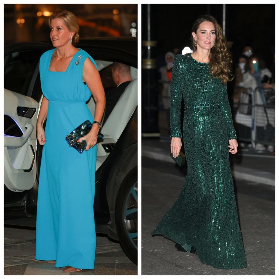 The Countess of Wessex on Wednesday and the Duchess of Cambridge last week, both wearing wardrobe repeats - Getty Images