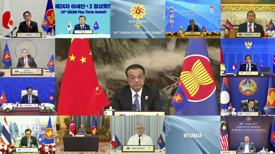 In this image released by Brunei ASEAN Summit, Chinese Premier Li Keqiang speaks in a virtual meeting of the ASEAN-Plus Three Summit on the sidelines of the Association of Southeast Asian Nations (ASEAN) summit, Wednesday, Oct. 27, 2021. Southeast Asian leaders began their annual summit without Myanmar on Tuesday amid a diplomatic standoff over the exclusion of the leader of the military-ruled nation from the group's meetings. An empty box of Myanmar is seen at bottom second from right. (Brunei ASEAN Summit via AP)