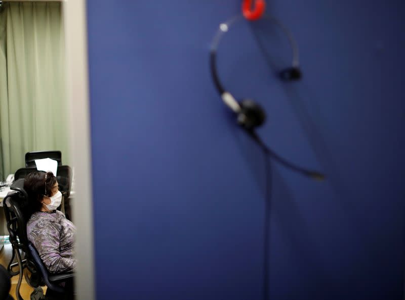 A corded headset attached to a phone is seen at a Tokyo's suicide hotline center, during the spread of the coronavirus disease (COVID-19), in Tokyo