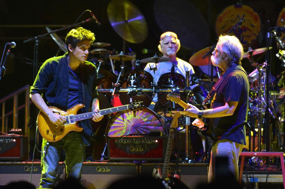 John Mayer, at left, Bill Kreutzman and Bob Weir of Dead & Company In Concert at Madison Square Garden on October 31, 2015 in New York City.