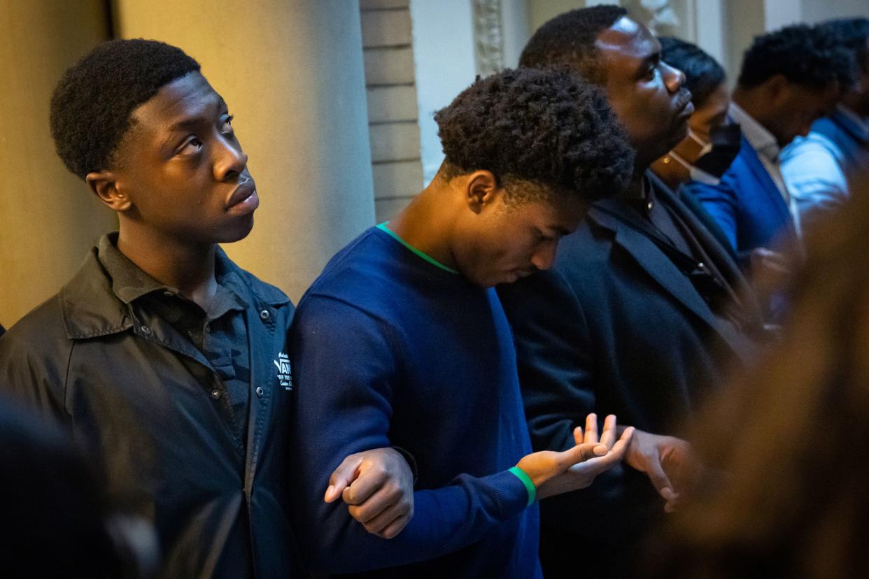 Students are pictured outside the Tweed Courthouse in Manhattan, New York on Thursday, Oct. 6, 2022.