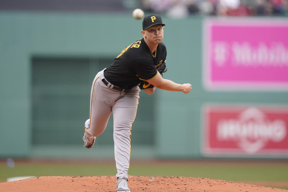 Pittsburgh Pirates' Mitch Keller delivers a pitch to a Boston Red Sox batter in the first inning of a baseball game, Wednesday, April 5, 2023, in Boston. (AP Photo/Steven Senne)