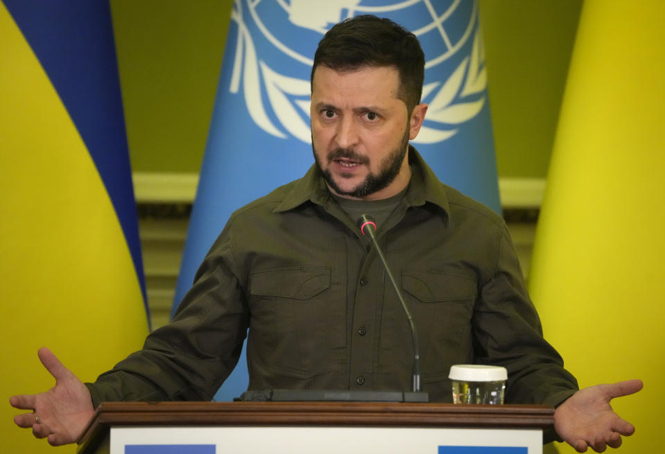 Ukrainian President Volodymyr Zelenskyy speaks during the joint press conference with U.N. Secretary-General Antonio Guterres after their meeting in Kyiv, Ukraine, Thursday, April 28, 2022. (AP Photo/Efrem Lukatsky)