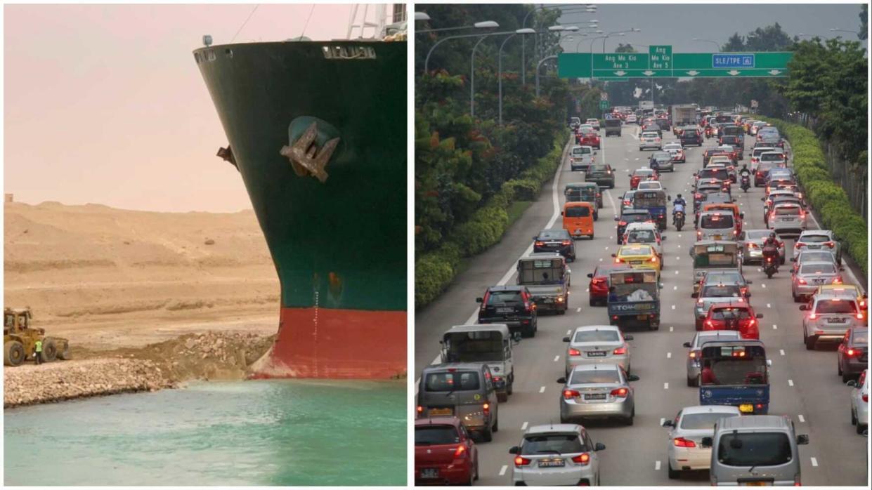 The giant container vessel blocking the Suez Canal and the Central Expressway in Singapore. (PHOTOS: Suez Canal Authority/Yahoo News Singapore)