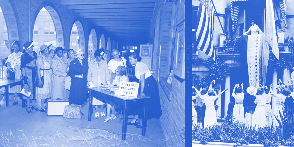 Decades after the ratification of the 19th Amendment, women of color were still advocating for full equality. Left: Women at a 1952 convention for the National Association of Colored Women. Right: White suffragists celebrating. Illustration: Isabella Carapella/ HuffPost; Photos: Getty Images (Photo: )