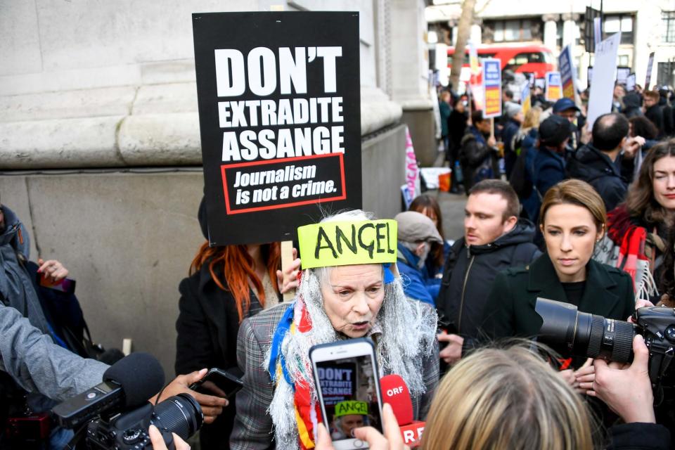 British fashion designer Vivienne Westwood, centre, attends a protest outside Australia House (AP)