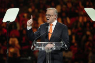 Australian Prime Minister Anthony Albanese gestures during a speech as he attends an Indian community event with Indian Prime Minister Narendra Modi at Qudos Bank Arena in Sydney, Australia, Tuesday, May 23, 2023. Modi has arrived in Sydney for his second Australian visit as India's prime minister and told local media he wants closer bilateral defense and security ties as China's influence in the Indo-Pacific region grows. (AP Photo/Mark Baker)