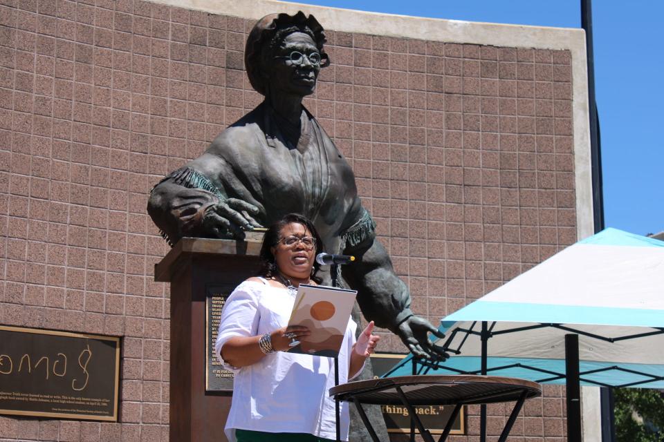 Battle Creek City Commissioner Lynn Ward Gray speaks during a reproductive rights rally at the Sojourner Truth Monument Saturday, July 9, 2022, in Battle Creek.