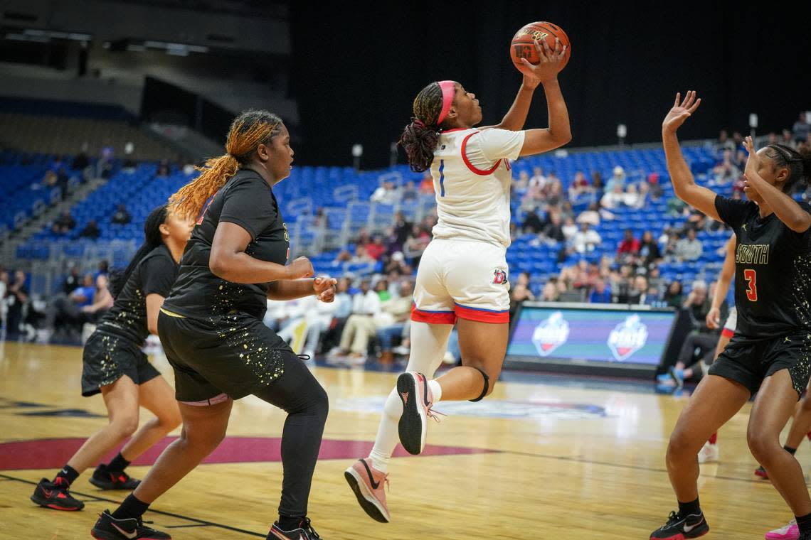 Duncanville’s Mariah Clayton (1), the Championship Game MVP, goes up for two of her 19 points against South Grand Prairie in the Class 6A state championship game on Saturday, March 2, 2024 at the Alamodome in San Antonio, Texas. Duncanville defeated South Grand Prairie 59-41.