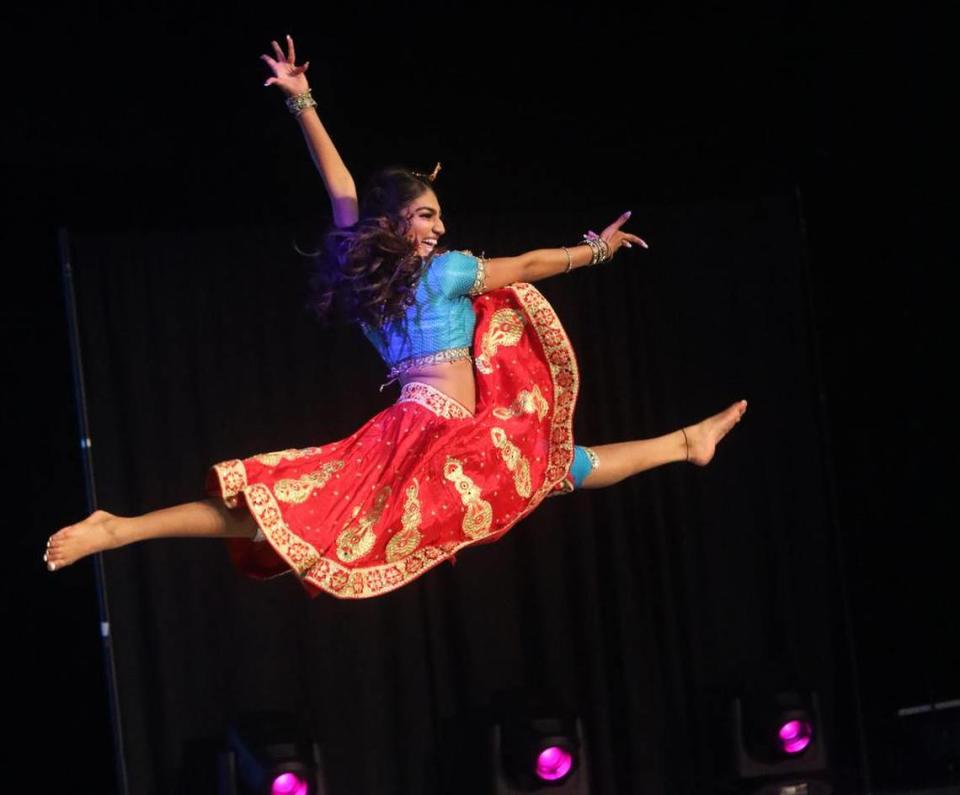 Miss Northern California Mahika Valluri performs a Bollywood dance during the Miss California Pageant held at the Visalia Convention Center on July 1, 2023.