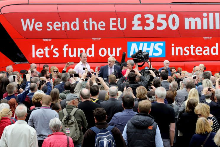 Boris Johnson unveils the £350m for the NHS Brexit bus during the Leave campaign (Christopher Furlong/Getty Images)