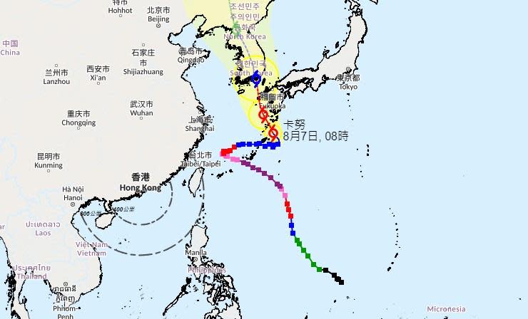 強烈熱帶風暴卡努取偏北路徑，移向日本九州以西海域。(天文台網頁截圖)