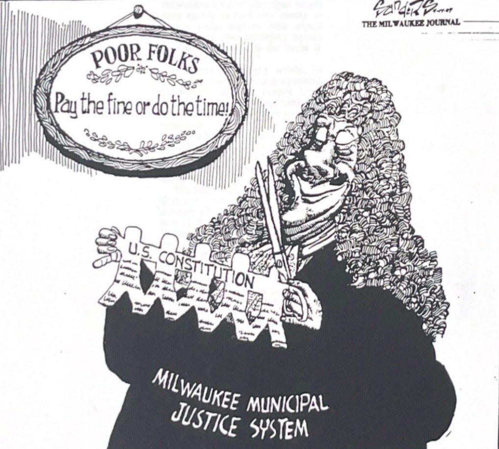 The Milwaukee Journal published this cartoon by William (Bill) Sanders on April 14, 1987. The newspaper’s mid-1980s reporting on “debtor’s prisons” in Milwaukee prompted an overhaul that expanded alternatives for low-income people who struggled to pay civil fines.