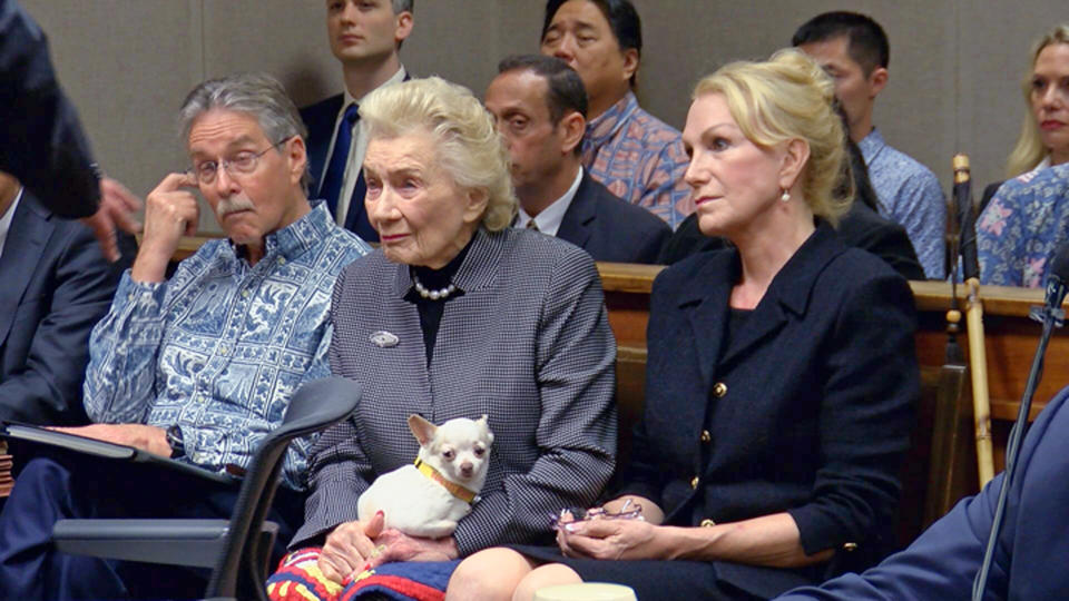 FILE - This March 15, 2018 file image from pool video shows 91-year-old Hawaiian heiress Abigail Kawananakoa, left, and her wife, Veronica Gail Worth, in a Honolulu courtroom. Board members of a foundation a 92-year-old heiress established for Native Hawaiians are calling for a judge to protect her $215 million trust. Many Native Hawaiians consider Abigail Kawananakoa to be the last Hawaiian princess because of her lineage. Her wealth is embroiled in a legal fight and a key court hearing is scheduled for Monday, Sept. 10, 2018. (Hawaii News Now via AP, Pool, File)