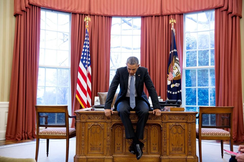 The president prepping with his national security staff before a teleconference with European leaders on Feb. 23.