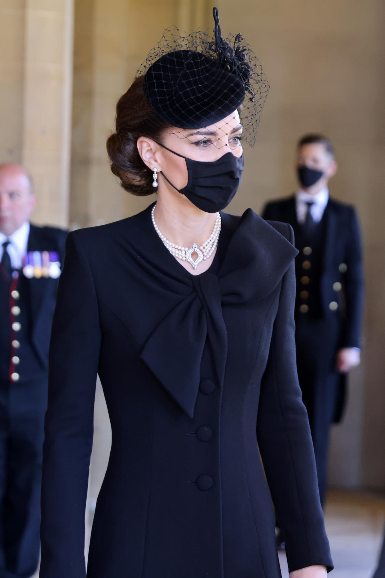 Catherine, Duchess of Cambridge arrives for the funeral of Prince Philip, Duke of Edinburgh at Windsor Castle on April 17, 2021 in Windsor, England. Prince Philip of Greece and Denmark was born 10 June 1921, in Greece. He served in the British Royal Navy and fought in WWII. He married the then Princess Elizabeth on 20 November 1947 and was created Duke of Edinburgh, Earl of Merioneth, and Baron Greenwich by King VI. He served as Prince Consort to Queen Elizabeth II until his death on April 9 2021, months short of his 100th birthday. His funeral takes place today at Windsor Castle with only 30 guests invited due to Coronavirus pandemic restrictions. (Photo by Chris Jackson/WPA Pool/Getty Images)