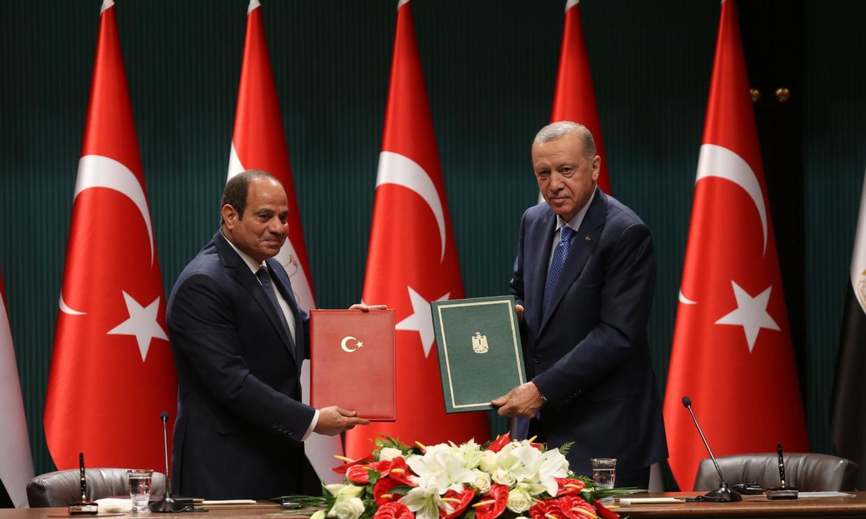 <span>The Egyptian president, Abdul Fatah al-Sisi (left), and the Turkish president, Recep Tayyip Erdoğan, during their meeting in Ankara on 4 September.</span><span>Photograph: Necati Savaş/EPA</span>