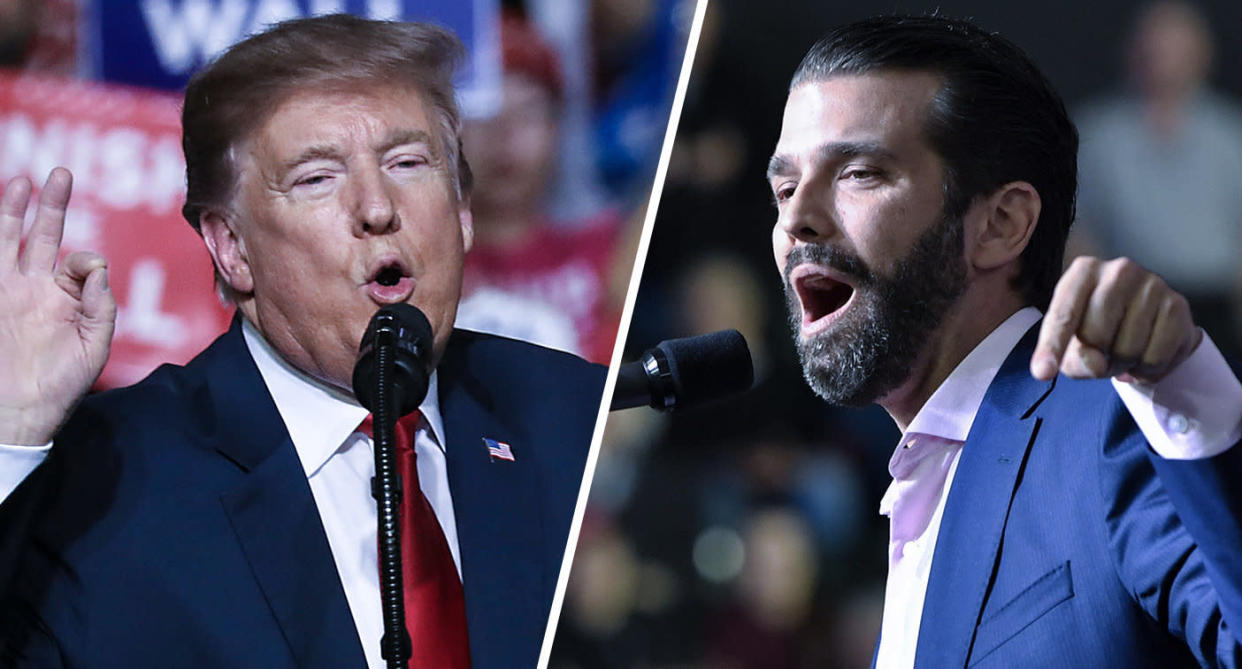 U.S. President Donald Trump and Donald Trump Jr. speak during a rally in El Paso, Texas on February 11, 2019. (Photos: Joe Raedle/Getty Images - Nicholas Kamm/AFP/Getty Images)