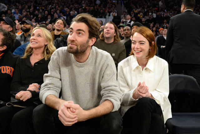 Emma Stone, husband Dave McCary pose for photos at Padres game