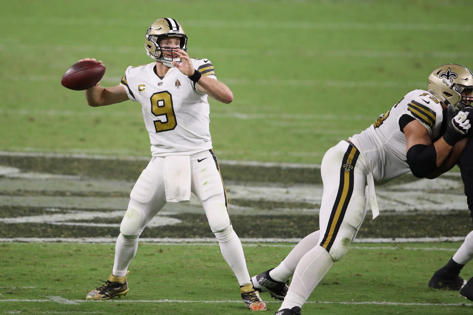 New Orleans Saints quarterback Drew Brees drops back to pass against the Las Vegas Raiders at Allegiant Stadium in Las Vegas, Nevada, on Monday. (Christian Petersen/Getty Images)