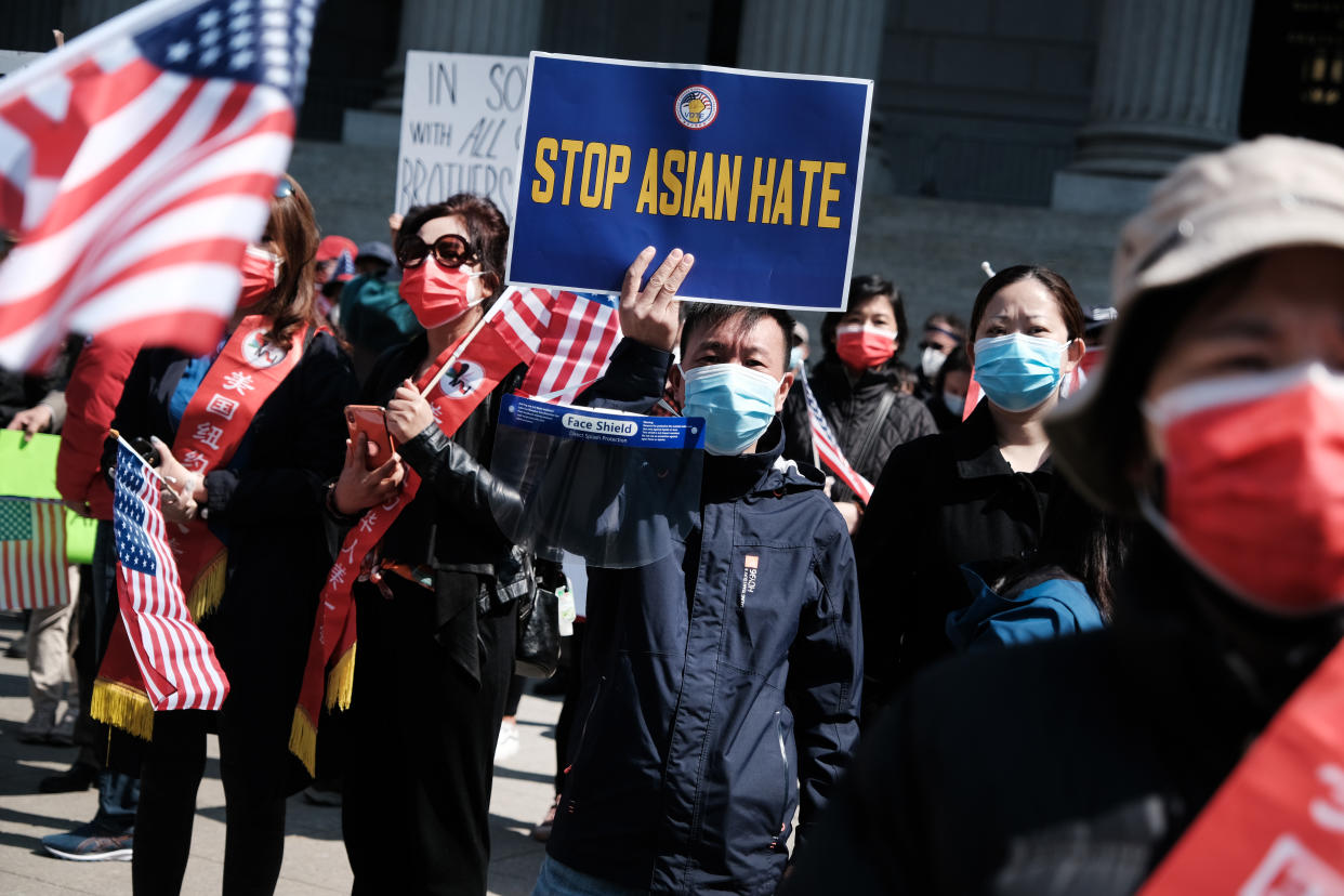 People participate in a protest to demand an end to anti-Asian violence on April 04, 2021 in New York City. (Spencer Platt/Getty Images)