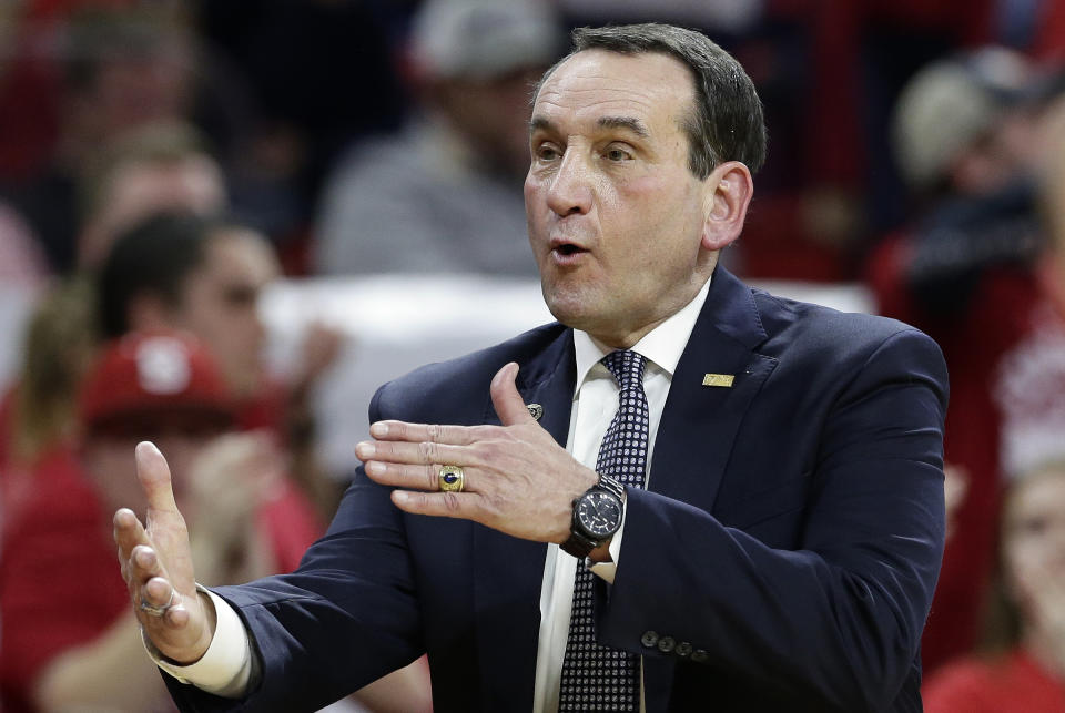 Duke coach Mike Krzyzewski reacts during the second half of the team’s NCAA college basketball game against North Carolina State in Raleigh, N.C., Saturday, Jan. 6, 2018. North Carolina State won 96-85. (AP)