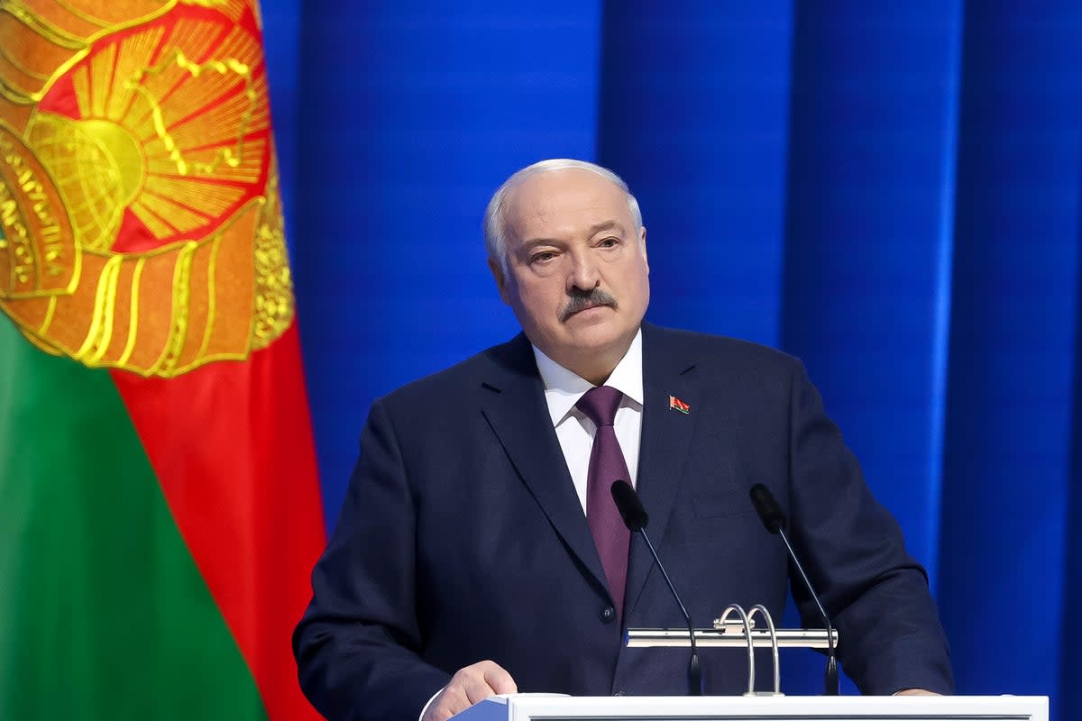 Belarusian President Alexander Lukashenko delivers a state-of-the nation address in Minsk, Belarus, Friday, 31 March 2023 (Belarusian Presidential Press Service via AP)