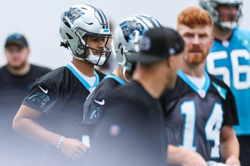 Panthers quarterback and first-round draft pick, Bryce Young, far left, during this week’s mandatory mini camp at the practice fields behind Bank of America Stadium. Melissa Melvin-Rodriguez/mrodriguez@charlotteobserver.com