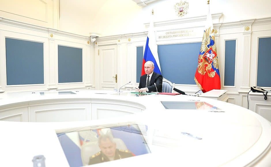 Russian President Vladimir Putin attends a drill by the country's nuclear forces via video conference in Moscow, Russia, on Oct. 25, 2023. (Kremlin Press Office/Handout/Anadolu via Getty Images)