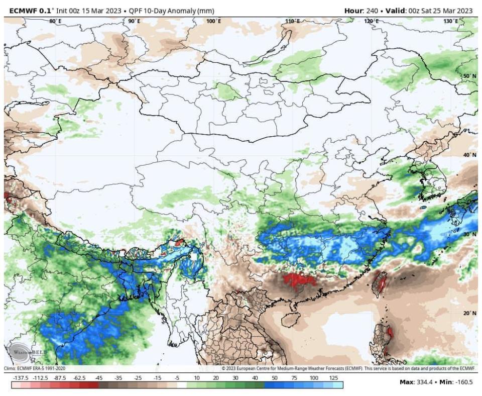 吳聖宇曝光ECMWF預測未來10天的降雨量距平，可看出台灣附近仍為雨量偏少的負距平區域。（翻攝自吳聖宇臉書）